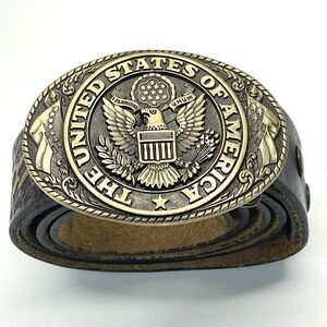 1980s Tony Lama State Series Brass Buckle & Tooled Leather Western Cowboy Belt